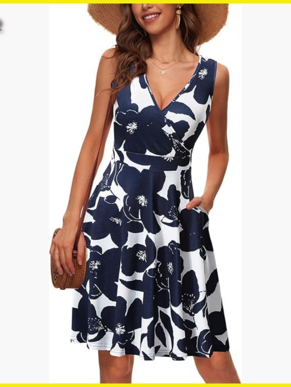 Wrap V Neck Sleeveless Sundress Summer Flare Tank Dress with Pockets